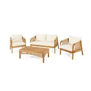Noble House Judland Teak 4-Piece Wood and Wicker Patio Conversation Set with Beige Cushions 10801... | The Home Depot