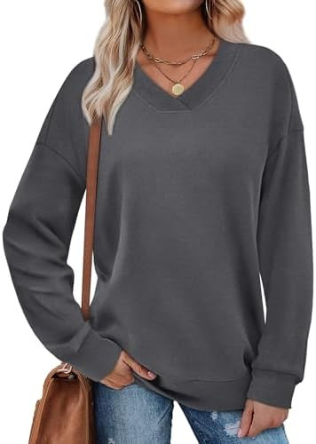 WIHOLL Sweatshirt for Women V Neck Sweaters Long Sleeve Shirts Fall Clothes Ribbed Collar 2025 Tr... | Amazon (US)