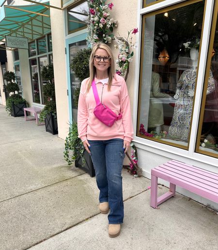 Pink Pullover with zipper, and some of my favorite American Eagle jeans. I also love these platform slides. 

The pullover is an Amazon Find. 

#LTKfindsunder50 #LTKsalealert #LTKmidsize