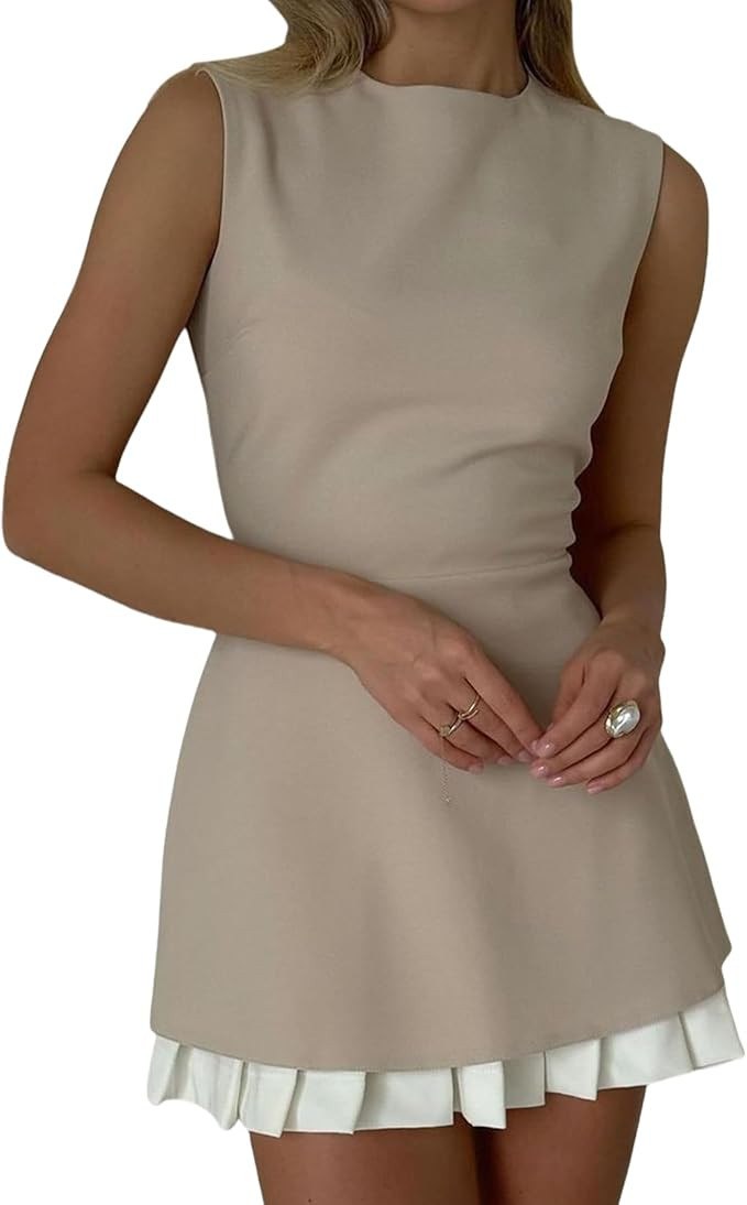 Women's Elegant Splicing Pleated Mini Dress Fashion Round Neck Sleeveless Patchwork Party Office ... | Amazon (US)