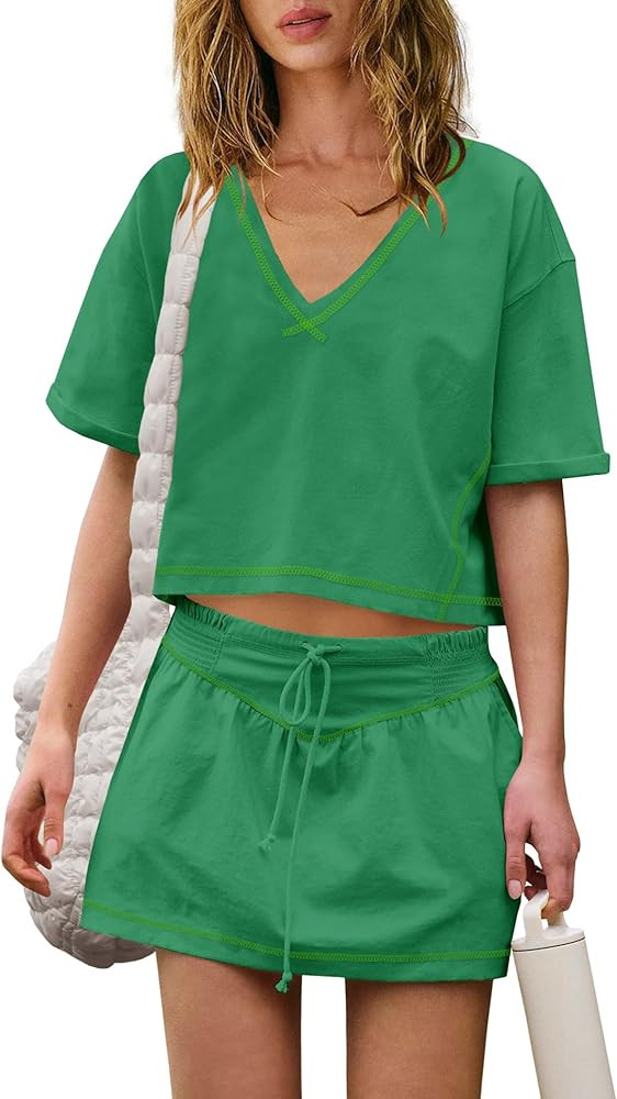 Nirovien Womens 2 Piece Workout Sets Summer Athletic Outfits Short Sleeve Crop Tops and Skirt wit... | Amazon (US)