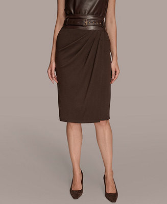 Donna Karan New York Women's Faux Leather Trim Belted Pencil Skirt - Macy's | Macy's