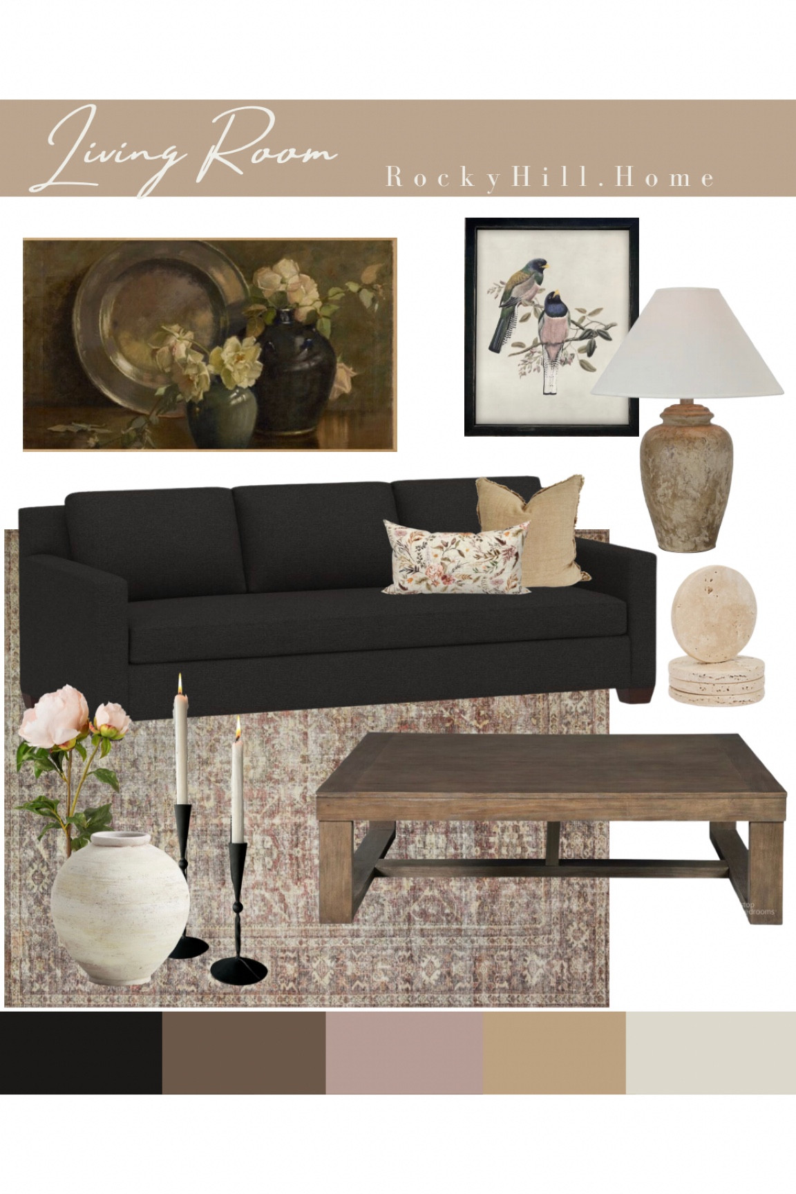 Moody spring living room, pottery barn dark gray sofa, light floral lumbar pillow, travertine coasters, large trellis coffee table, cream vase, peony stem, moody frame tv art

#LTKstyletip #LTKhome #LTKSeasonal