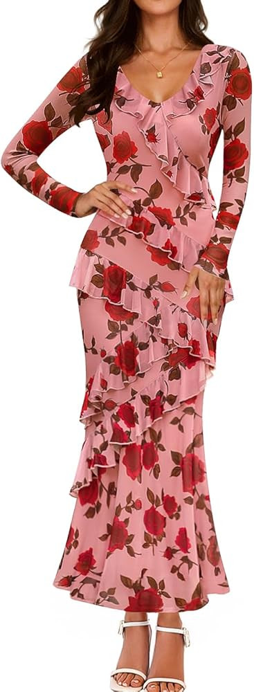 ZESICA Women's Fall Floral Long Sleeve Maxi Dress 2025 Boho Bodycon V Neck Ruffle Wedding Party L... | Amazon (US)