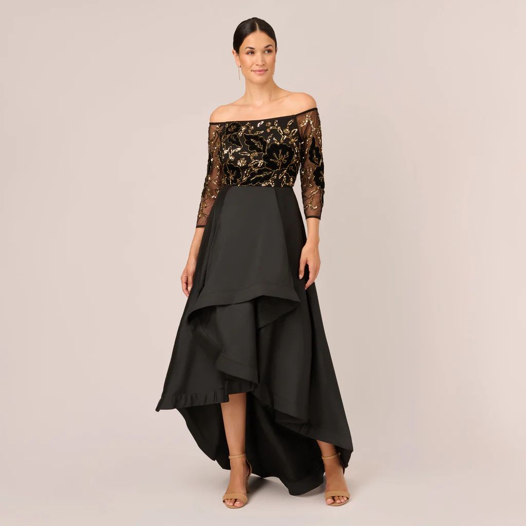 Beaded Taffeta Ball Gown With Three-Quarter Sleeves In Black Gold | Adrianna Papell