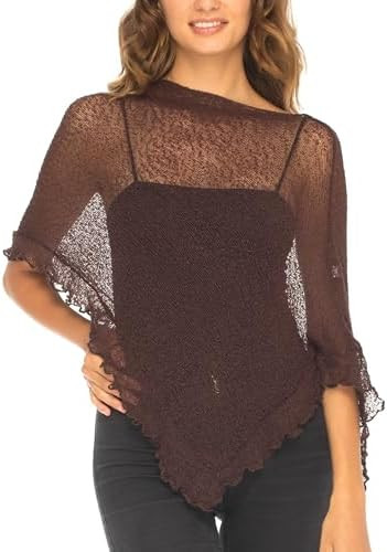 SHU-SHI Womens Sheer Poncho Shrug Lightweight Knit Ruffle Pullover Sweater Top | Amazon (US)