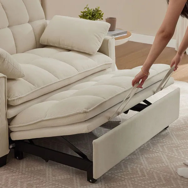 48.03" Pin Striped Fabric 3 in 1 Convertible 2 Seater Sleeper Sofa Bed - Beige | Bed Bath & Beyond