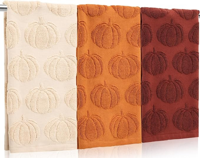 Whaline 3 Pcs Fall Hand Towel Beige Orange Brown 3D Pumpkin Jacquard Cotton Towel Absorbent Dish ... | Amazon (US)