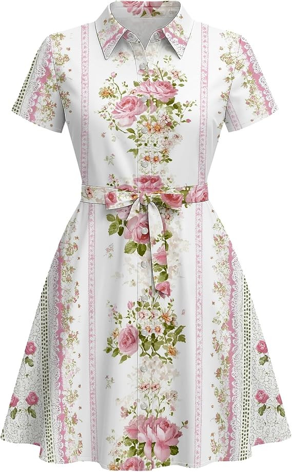 Women's Fashion Button Up Split Dresses Short Sleeve Casual Floral Print Midi Dress A-Line Swing ... | Amazon (US)