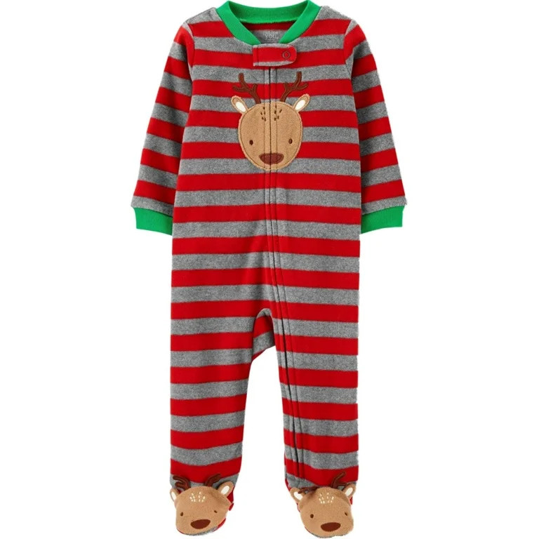 Infant Boys Red & Gray Striped Reindeer Christmas Footie Sleeper Pajamas NB | Walmart (US)