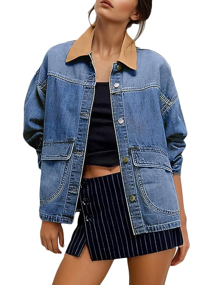 EVALESS Jean Jacket Women Trendy Color Block Denim Jacket Oversized Long Sleeve Button Down Barn ... | Amazon (US)
