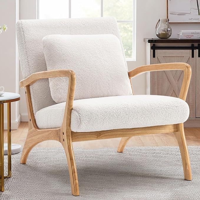 ELUCHANG Accent Chair,Mid Century Modern Chair,Upholstered Teddy Fabric w/Pillow Solid Wood Legs,... | Amazon (US)
