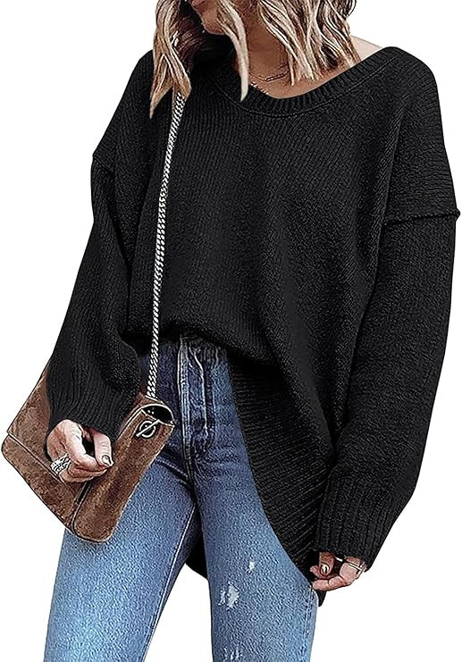Womens Tunic Sweater V Neck Off Shoulder Oversized Sweaters Loose Knit Long Sleeve Casual Jumper ... | Amazon (US)
