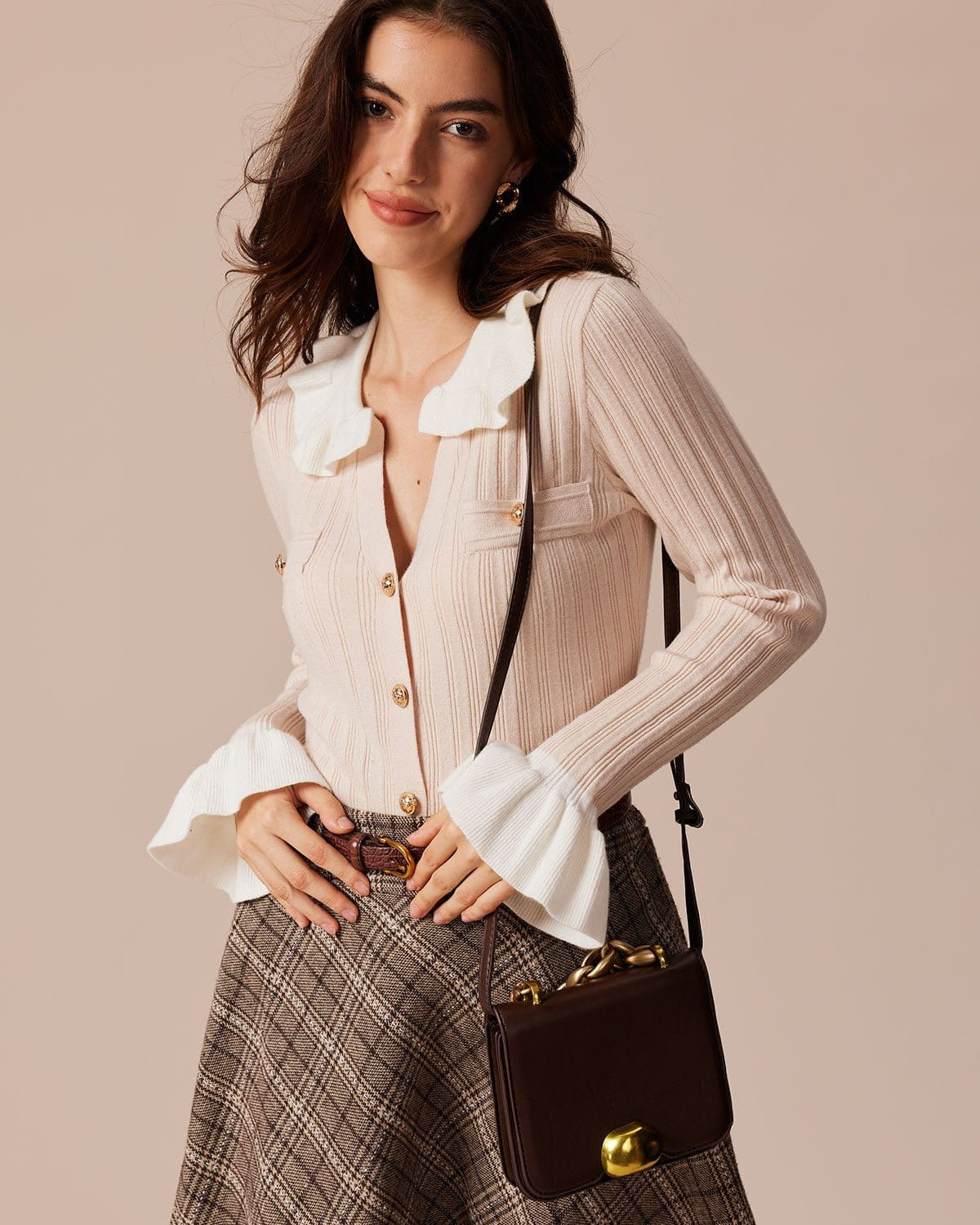 The Khaki V Neck Ruffle Button Cardigan & Reviews - Khaki - Tops | RIHOAS | rihoas.com