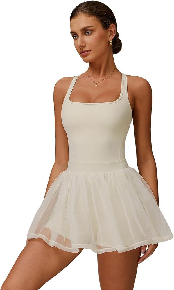ABOCIW Womns Square Neck Mesh Hem Tennis Dress Built in Bra and Shorts Racerack Workout Golf Athl... | Amazon (US)