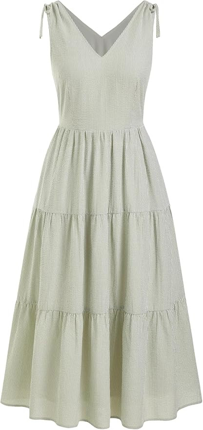 CIDER Womens Boho Midi Dress Striped Print V Neck High Waist Tiered Drawstring Straps Dresses Bea... | Amazon (US)