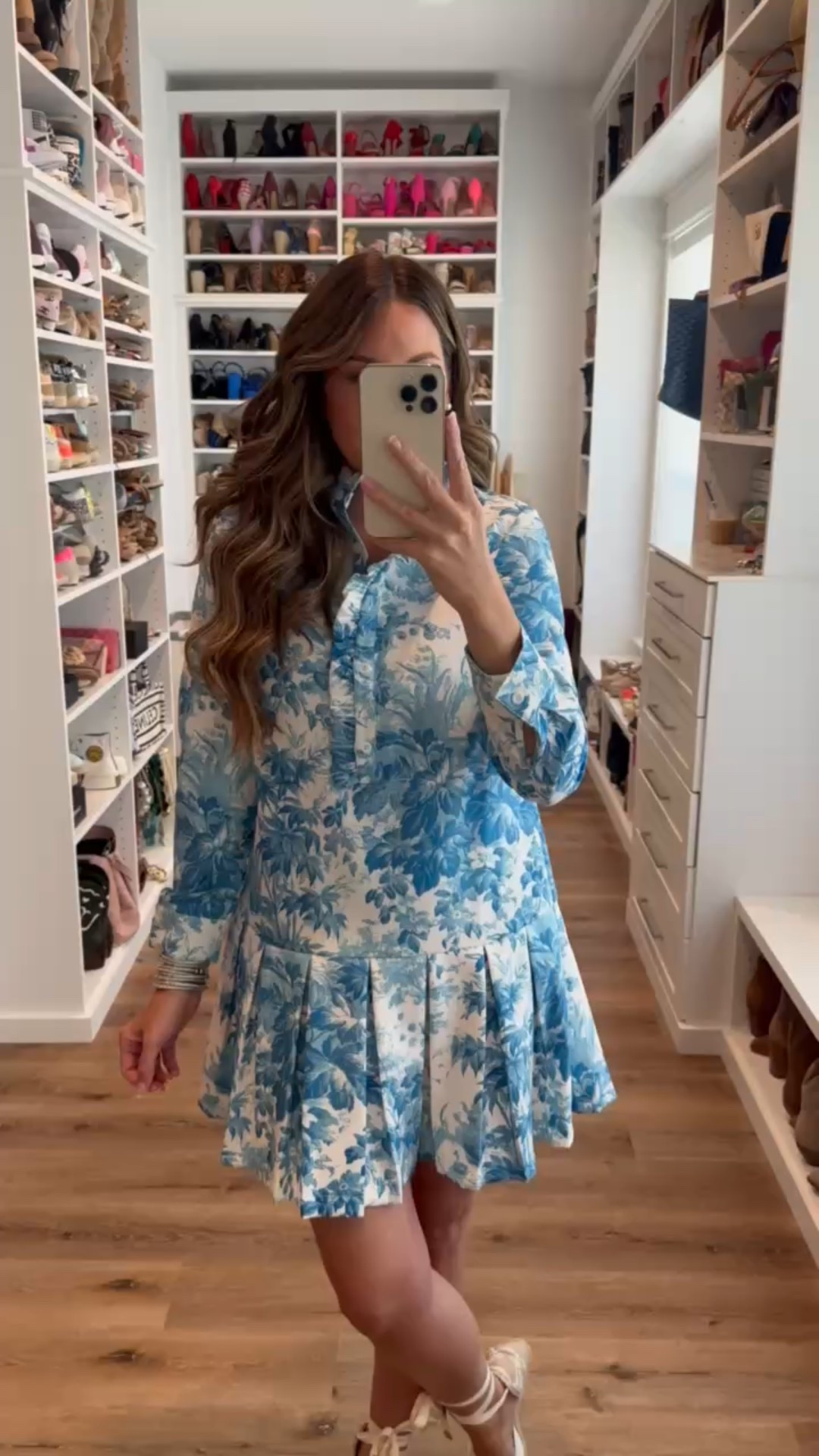 In a small blue white floral pleated shirt dress, tie up espadrilles and accessories - fits tts.

#LTKSeasonal #LTKFindsUnder50 #LTKStyleTip