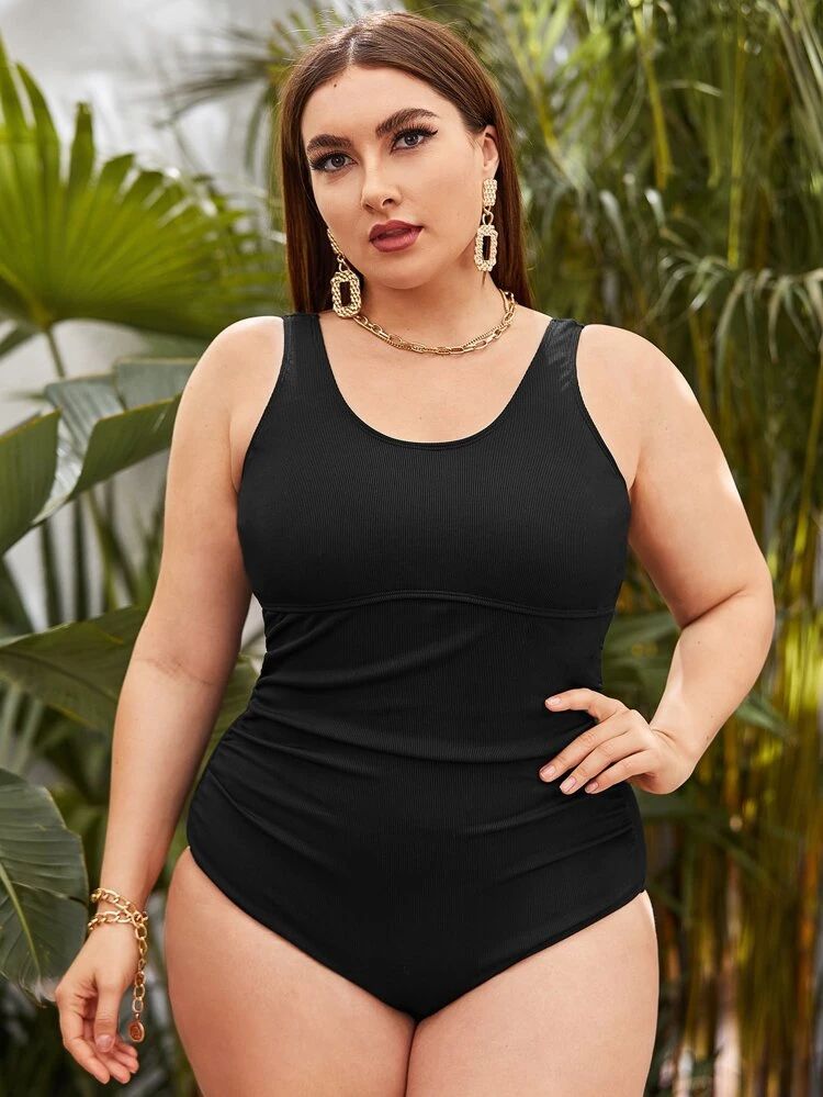 Plus Rib Ruched One Piece Swimsuit | SHEIN