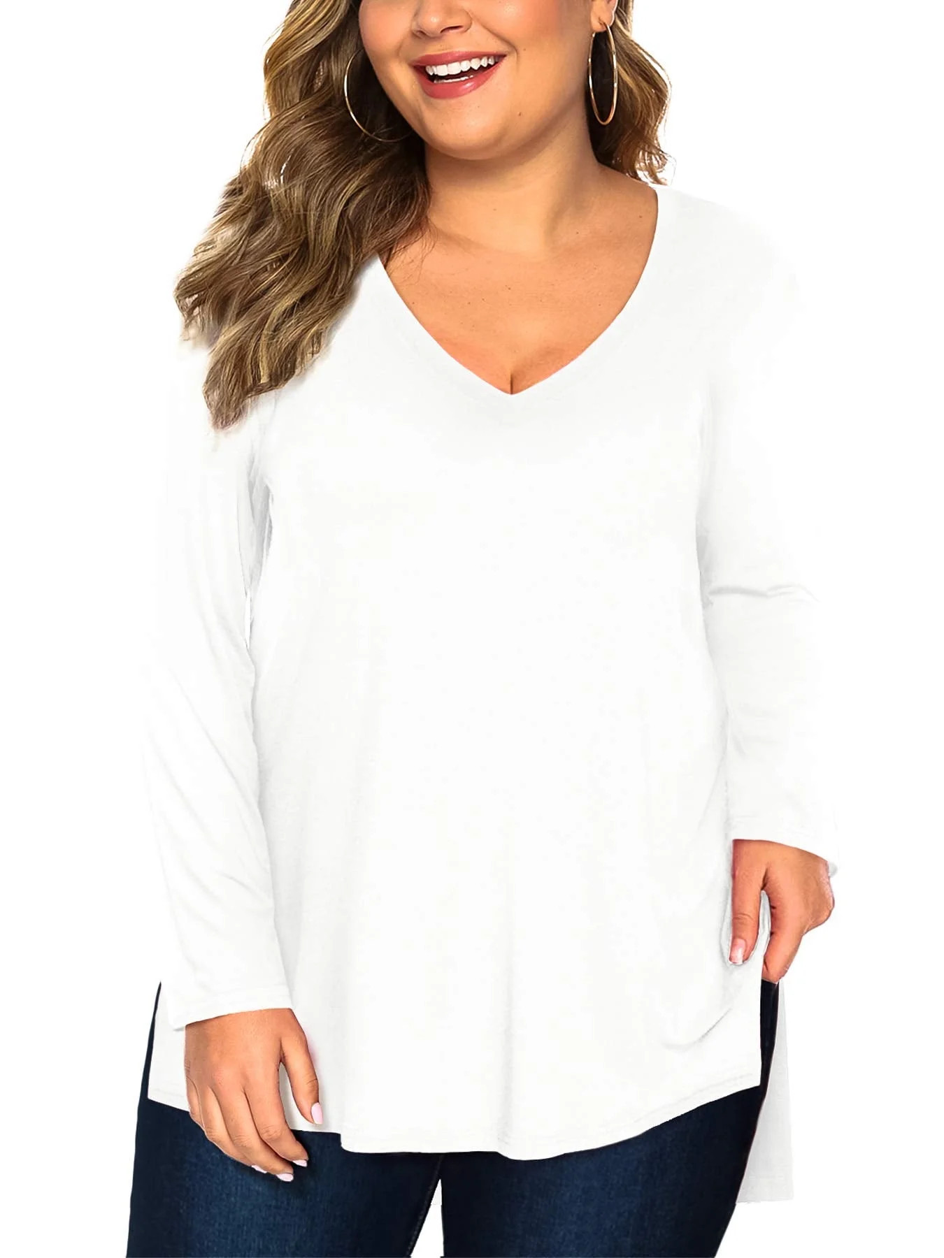 Fancyglim Women Tops Long Sleeve V Neck Tshirt Casual Plus Size Tee(White 3X) - Walmart.com | Walmart (US)