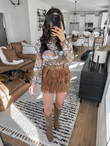 Bralette — medium
Top — xs but should’ve done my normal small
Skirt — small

country concert outfit | Nashville outfit | western outfit | western fashion | western style | western boots | rhinestone fringe mini skirt | floral mesh top 



#LTKfindsunder100 #LTKstyletip #LTKfindsunder50