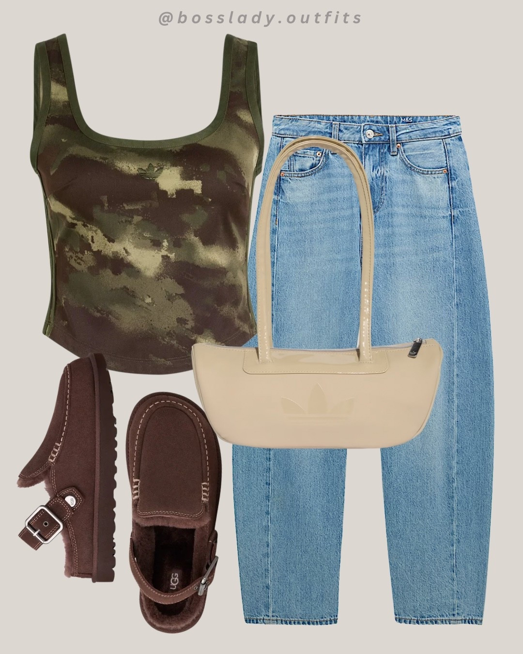Giving off duty energy

Tags: adidas camo tank top, wide leg jeans, UGG Tasman slippers, brown shearling mules, beige shoulder bag, adidas shoulder bag, fall street style outfit, neutral fall outfit inspo, casual fall fit, off duty outfit idea

#LTKstyletip #LTKshoes #LTKsummer