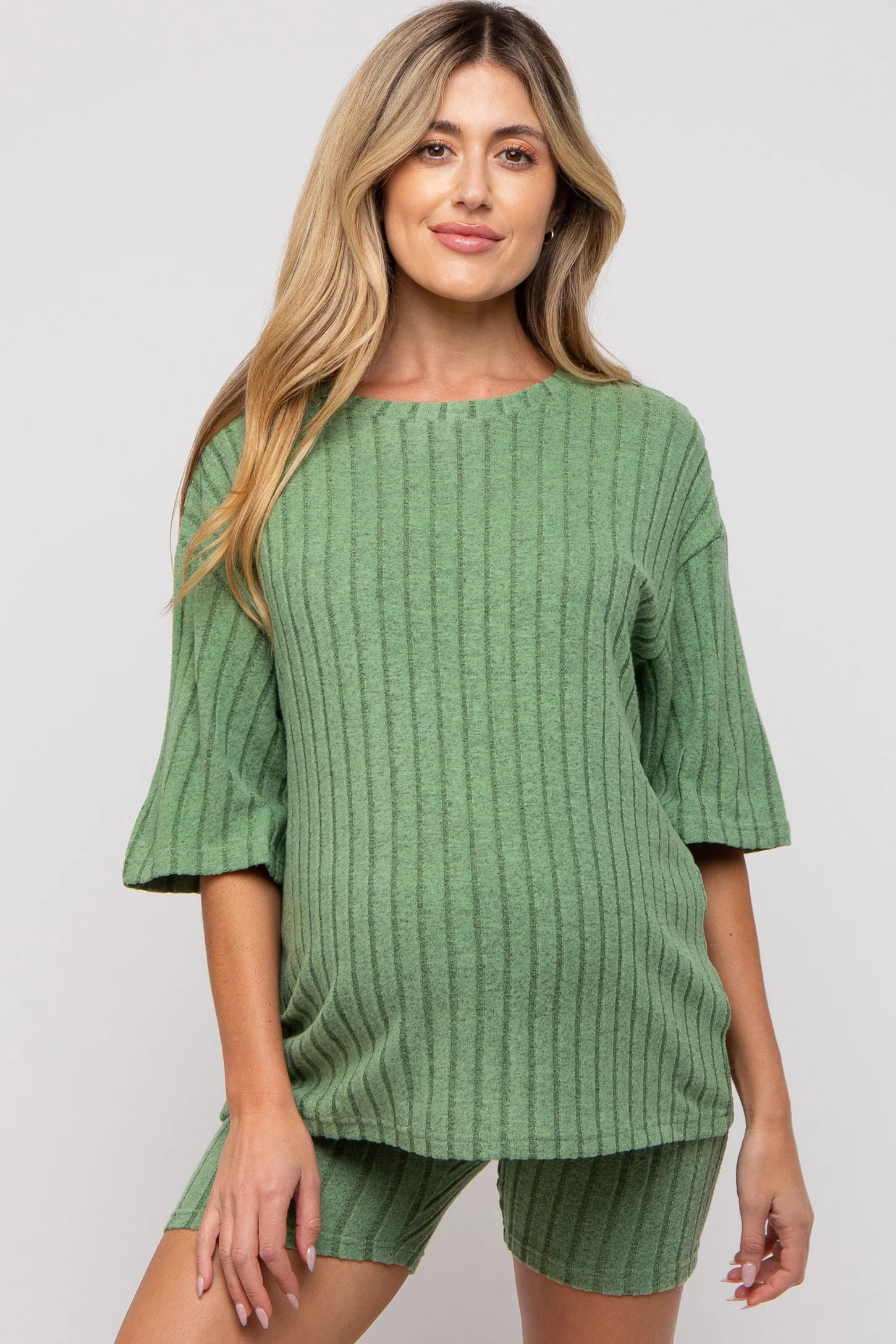 Light Olive Ribbed Soft Short Sleeve Maternity Shorts Set | PinkBlush Maternity