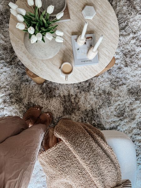 cozy morning coffee moment ☕️

area rug; coffee table, candle holder, faux tulips, vase, coffee table book, accent chair, slippers, throw blanket, neutral home decor 

#LTKHome