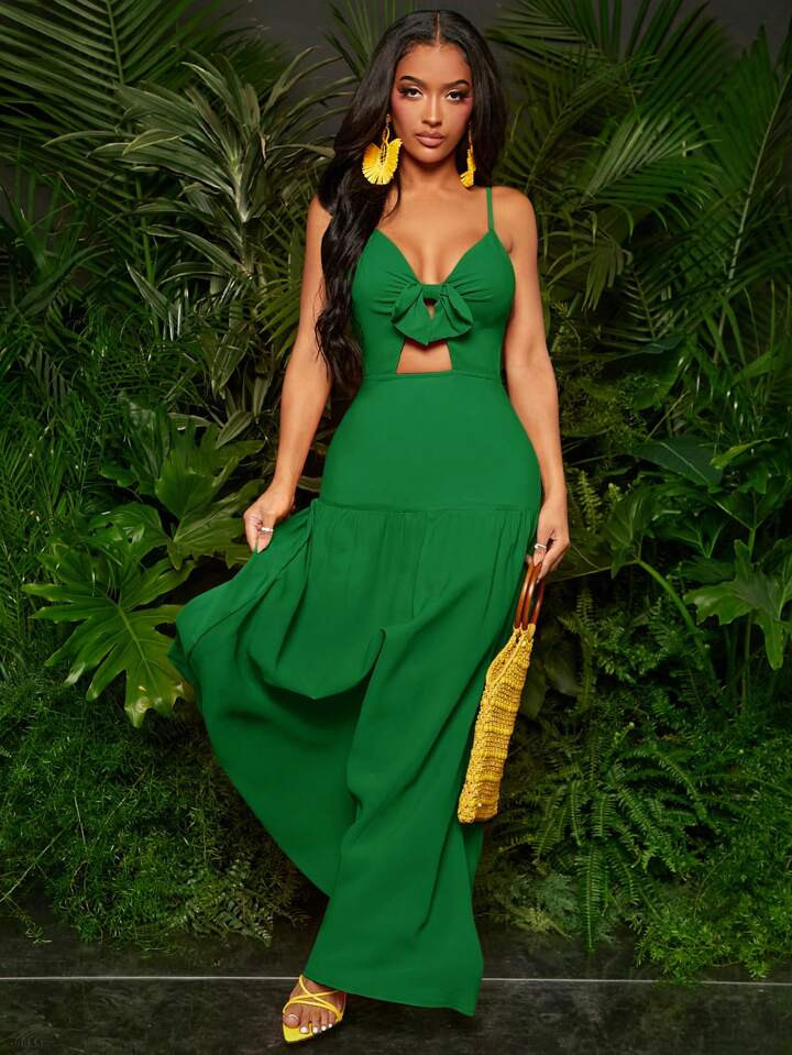 SHEIN SXY Solid Knot Front Cut Out Ruffle Hem Cami Dress | SHEIN