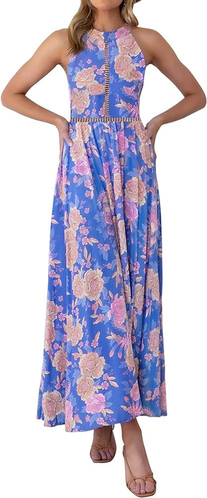 ZESICA Women's 2023 Summer Halter Neck Floral Print Backless Split Beach Party Maxi Dress | Amazon (US)
