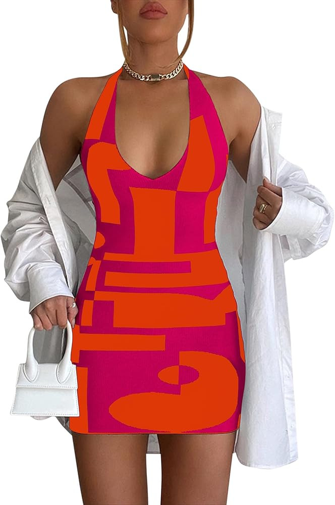 PICPUNMAK Women Sexy Halter Neck Backless Knit Bodycon Mini Dress Tie Back V Neck Sleeveless Colo... | Amazon (US)