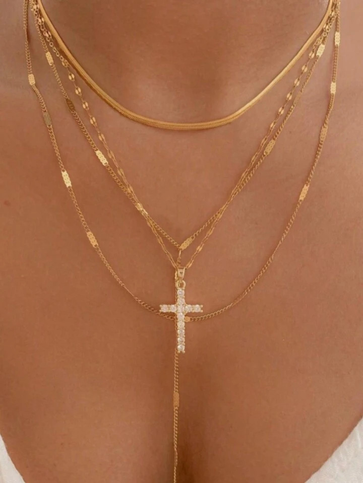 Trends4pcs Stylish Flat Snake Chain & Rhinestone Cross Pendant Necklace Set For Women | SHEIN