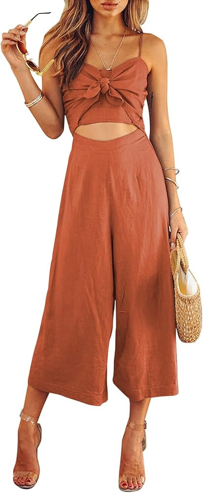 AVALEBETI Women's Summer Spaghetti Straps Tie Knot Cutout Smocked Shirred Back High Waist Wide Le... | Amazon (US)