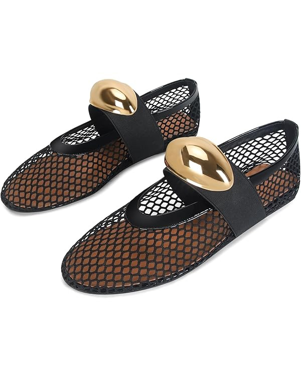 DOEYG Mesh Ballet Flats for Women Buckle Strap Comfy Casual Office Fishnet Ballerina Flat Shoes | Amazon (US)