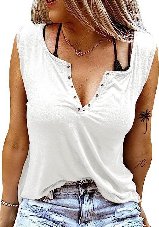 KIRUNDO Women’s V Neck Henley Tank Tops Sleeveless Summer Solid Casual Loose Shirts Blouses | Amazon (US)