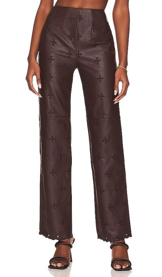Sara Embroidered Faux Leather Pant in Chocolate Brown | Revolve Clothing (Global)