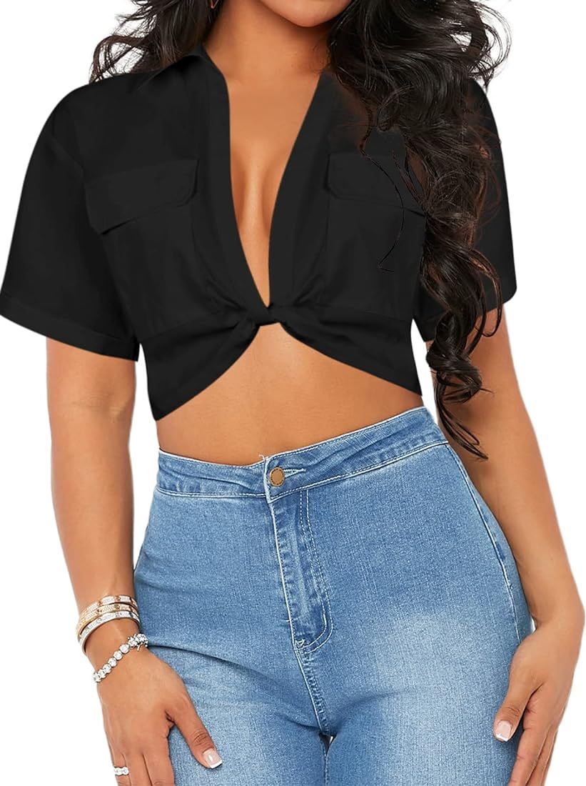 LilyCoco Womens Crop Tops Twist Front Collared Shirts Short Sleeve Sexy V Neck Blouses | Amazon (US)