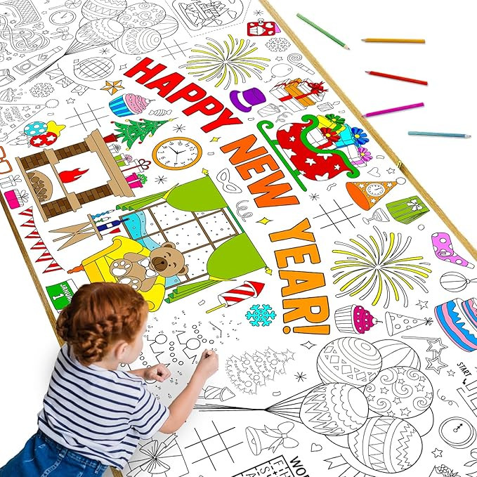 2026 Happy New Year Giant Coloring Poster 31x70'' Large Coloring Tablecloth for Kids Eve Crafts A... | Amazon (US)