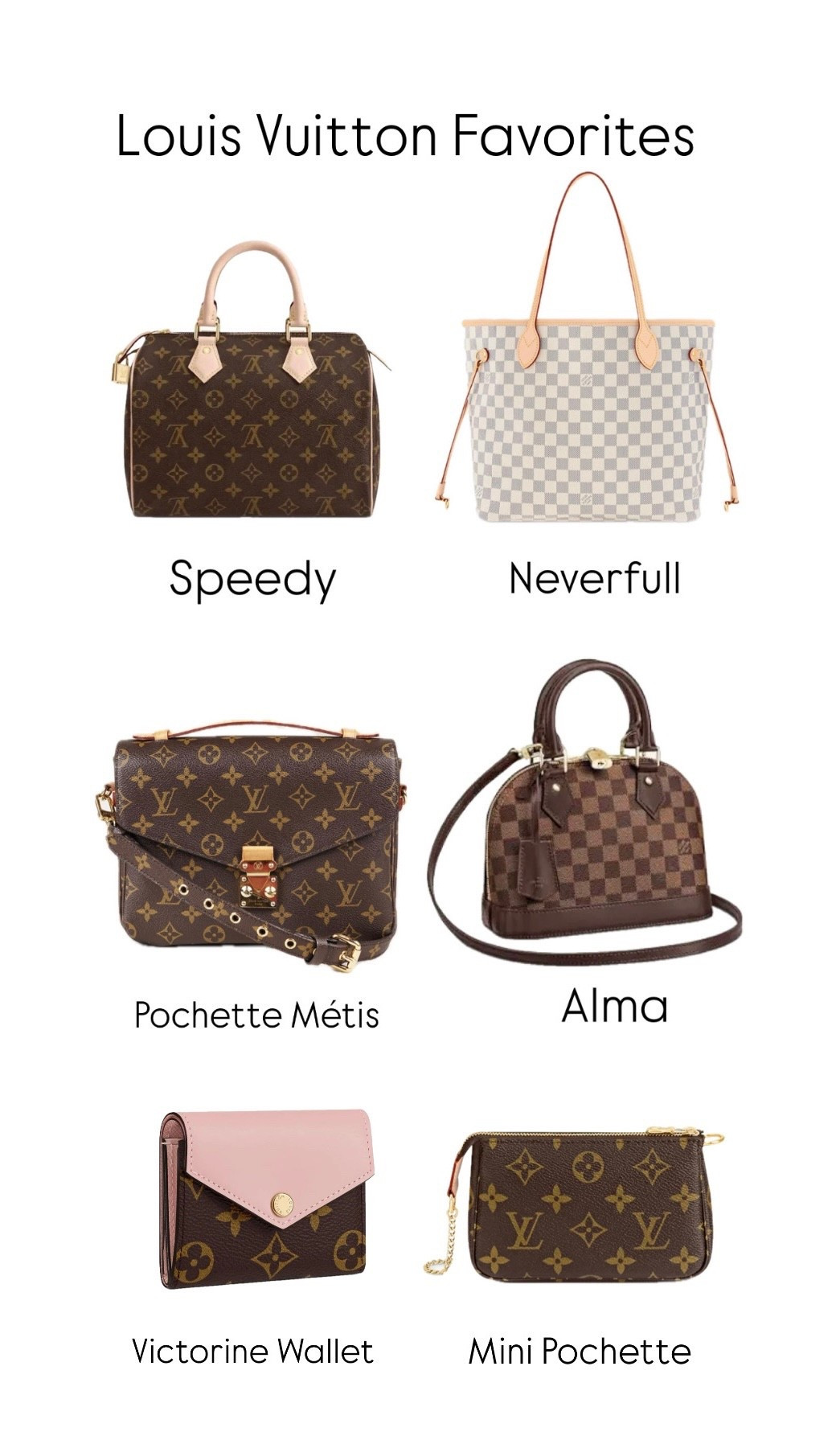 The most iconic Louis Vuitton handbags 🤎✨ From the classic Speedy (a travel favorite turned everyday essential), to the chic Alma with its structured silhouette, to the versatile Pochette Métis crossbody, and of course the spacious Neverfull tote — these timeless designer bags are investment pieces that never go out of style. Whether you’re looking for a daily go-to or a forever classic, these are my top LV picks.