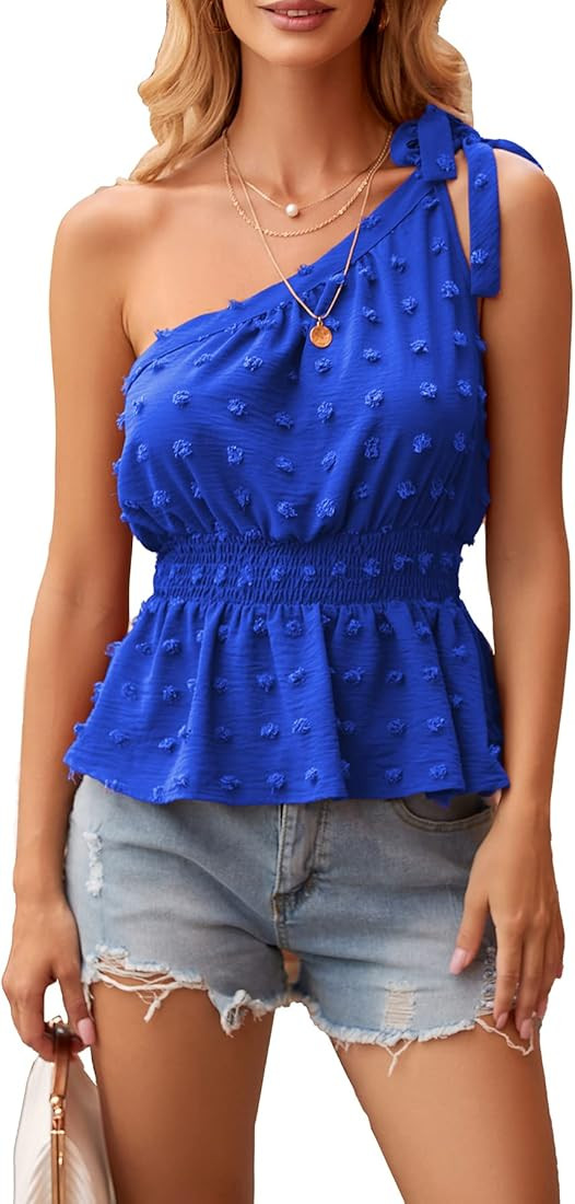 PRETTYGARDEN Women's Summer One Shoulder Tops Casual Sleeveless Swiss Dot Ruffle Blouse Shirts | Amazon (US)