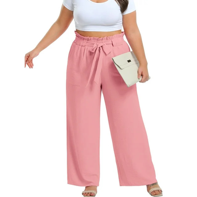 Cueply Womens Wide Leg Pants Plus Size Elastic Tie Knot Lounge Pants Loose Trousers with Pockets | Walmart (US)