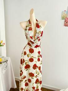 Dreamara New Spring/Summer Backless Rose Floral Print Long Elastic Mesh Dress, With Halter,Wester... | SHEIN