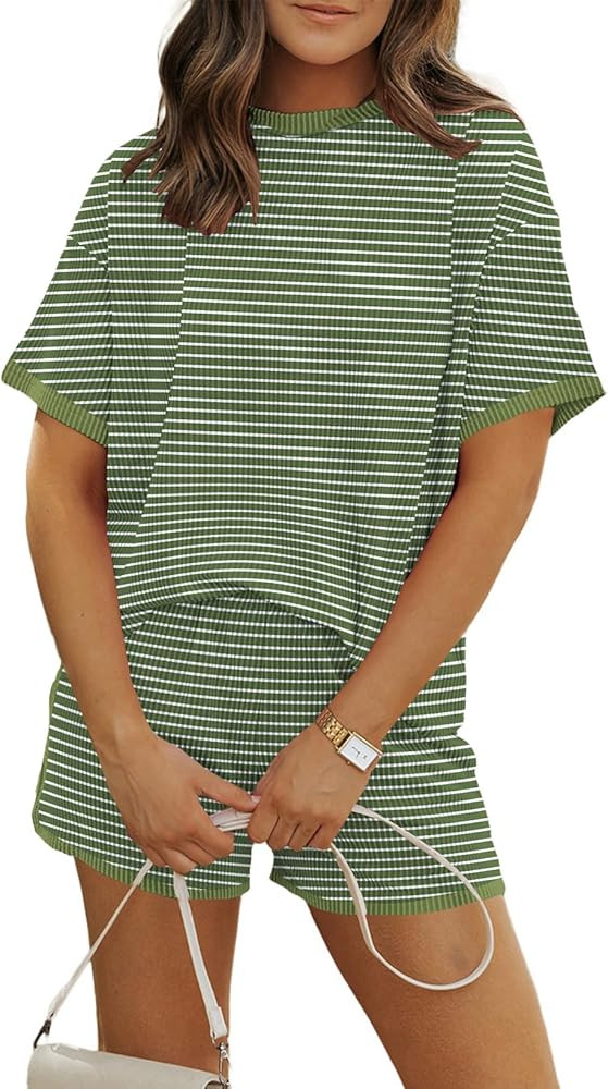MARZXIN Women 2 Piece Shorts Set 2026 Casual Summer Cruise Outfits Ribbed Loose Short Sleeve Pock... | Amazon (US)