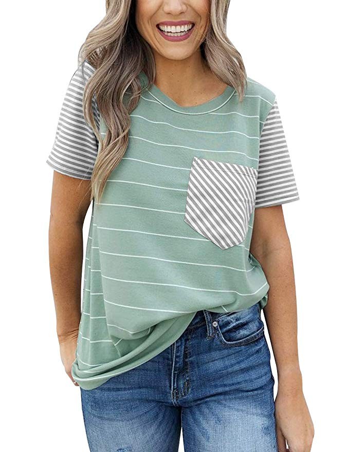 MEROKEETY Women's Summer Striped Short Sleeve Contrast Color Casual T-Shirt Tops with Pocket | Amazon (US)
