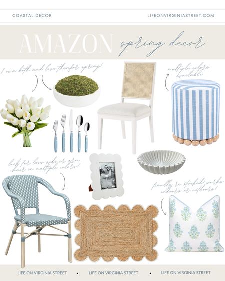 The cutest new spring decor finds from Amazon! So many great designer look for less options including these indoor/outdoor dining chairs, scalloped rug, block print pillow covers, light blue silverware, cane back dining chair, striped ottoman, scalloped bowl, moss in a wood bowls and a scalloped picture frame!
.
#ltkhome #ltkfindsunder50 #ltkfindsunder100 #ltkstyletip #ltkseasonal Amazon home decor. Coastal spring decor #ltksalealert

#LTKsalealert #LTKSeasonal #LTKhome