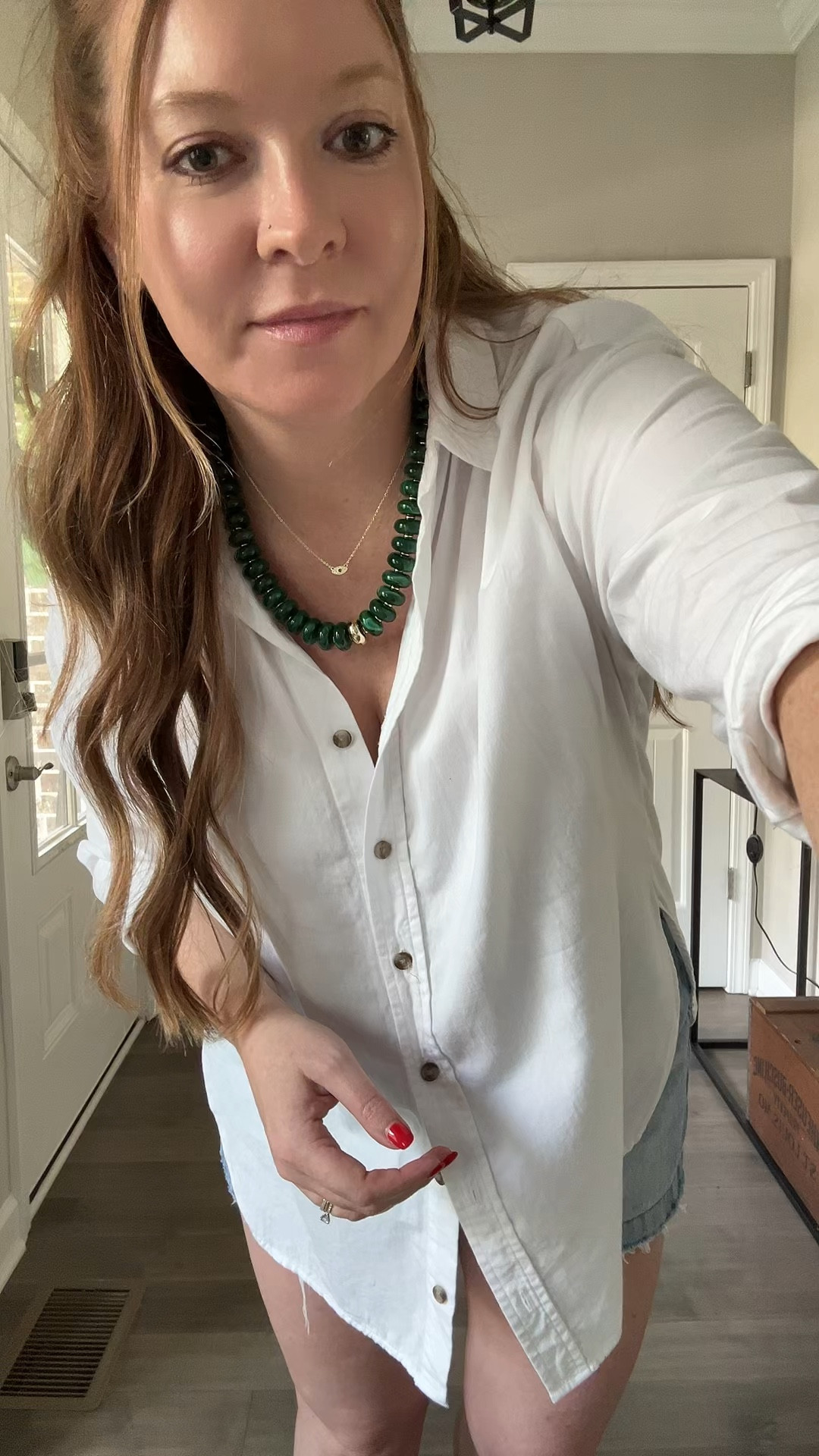 White button down 
Aline denim shorts - tts wearing a 29
Two strap sandals - tts 
Chunky bead necklace 
Evil eye necklace 
David Yurman cuff bracelet and ring two tone 

#LTKootd #LTKdayinmylife #LTKgrwm