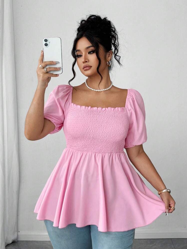 Elenzga Plus Size Fashion Ruched Blouse For Women, Square Neck Sweet And Versatile Fitted Casual Top | SHEIN