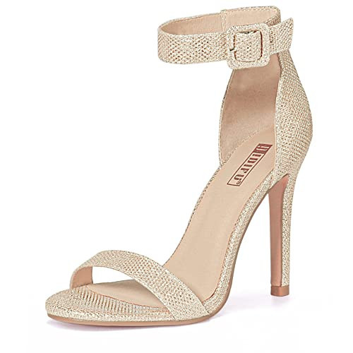 IDIFU Women's Gold Heels High Heels for Women Dressy Stiletto Heels Open Toe Heels Ankle Strap Heeled Sandals for Women on Wedding Party Homecoming(Gold Glitter, 11) | Amazon (US)