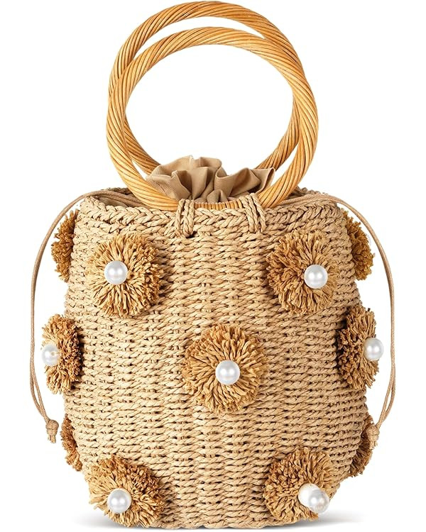 Frienda Summer Straw Bags for Women Beach Drawstring Straw Bucket Bag Pearl Flower Tote Bag Diamo... | Amazon (US)
