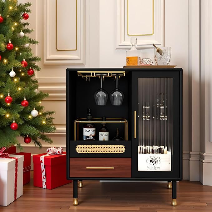 ARTPOWER Modern Coffee Bar Cabinet with Wine Glass Rack and Drawers, Black Liquor Cabinet with Pu... | Amazon (US)