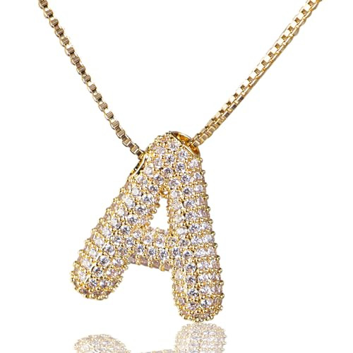 Bubble Letter Initial Necklace Gold for Woman, A-Z Cubic Zirconia Paved Balloon Bubble Initial Alphabet Pendant Necklace Puffy Name Personalized 14K Gold Plated Dainty Jewelry (A) | Amazon (US)